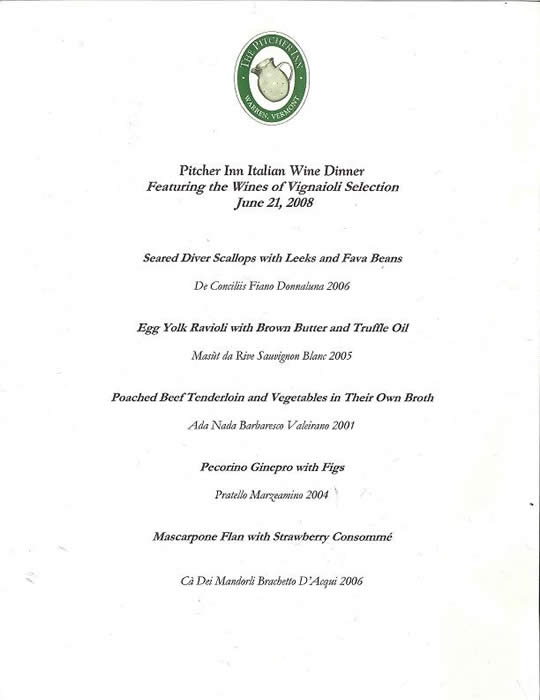 THE PITCHER INN ITALIAN WINE DINNER
